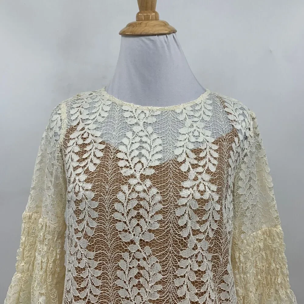 Michael Kors Dress Women Extra Small Ivory Sheer Lace Overlay Bell Sleeves Lined
